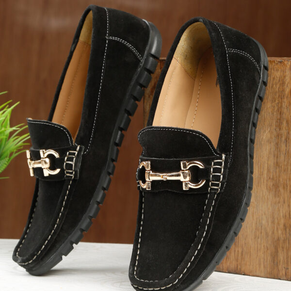 Men's Black Suede Leather Loafers With Golden Buckle