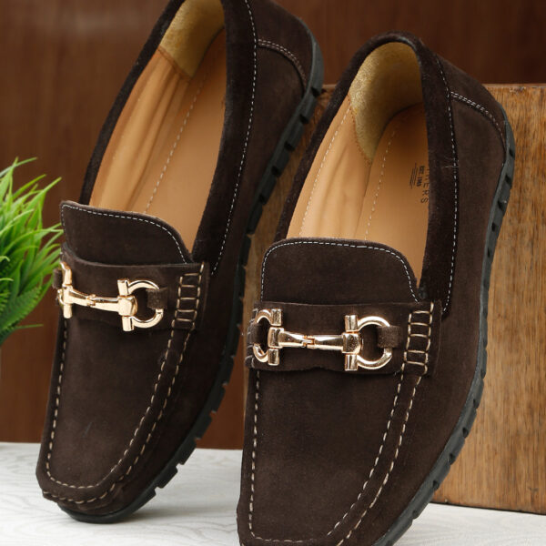 Men's Brown Suede Leather Loafers With Golden Buckle